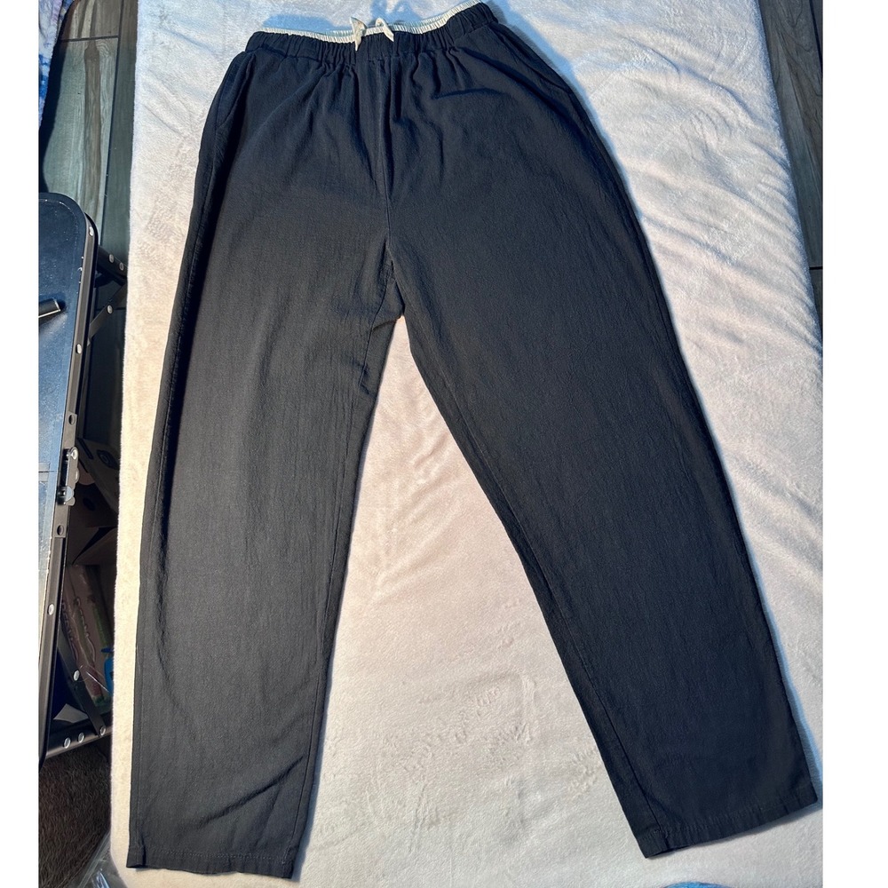 Buddha Stones Black Cotton Linen Blend Drawstring Elastic Waist Pants Womens M